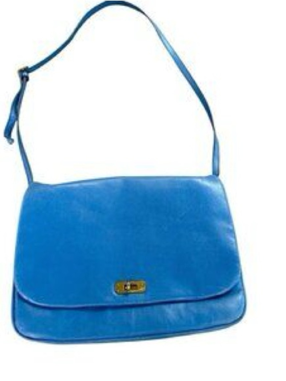 This is a cornflower blue leather J.Crew flap crossbody handbag